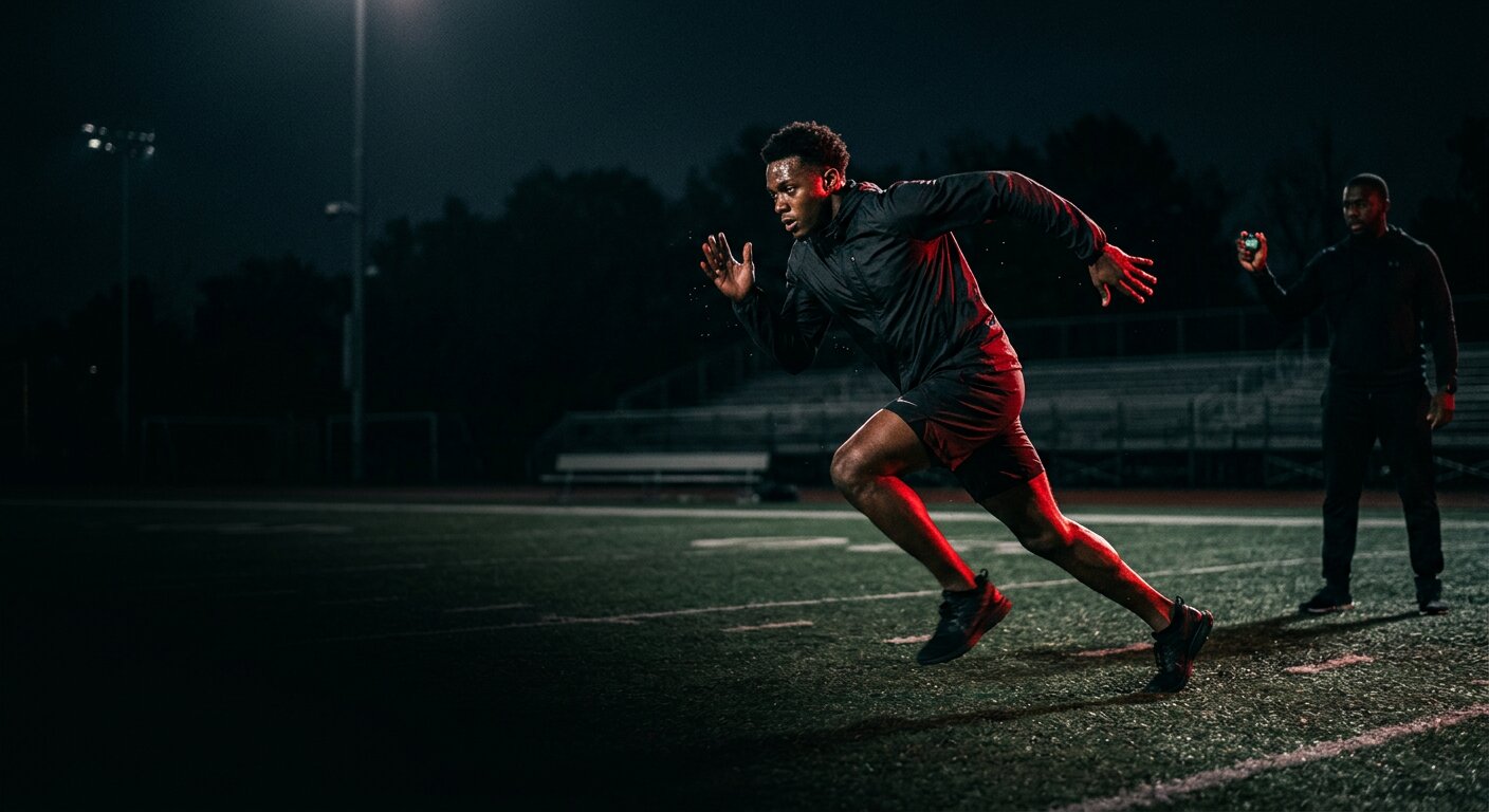 An athlete sprints across turf at night while a coach holds a stopwatch
